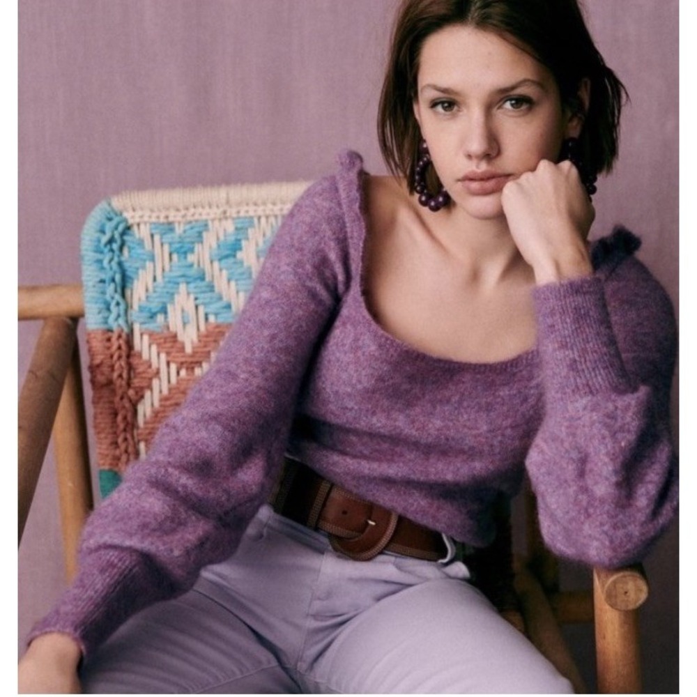 Sezane Mila Sweater Purple Merino‎ Wool Mohair Ruffle Jumper Sz L Feminine